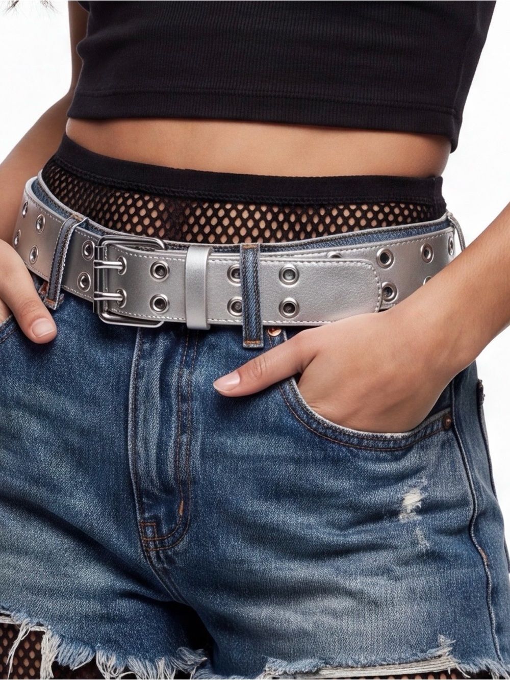 Silver Double Grommet Square Buckle Waist Belt - NEW